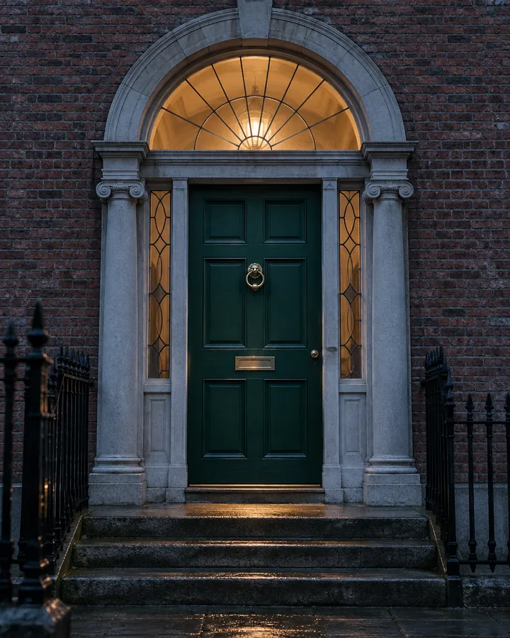 A Georgian front door at dusk, its fanlight lit warm from the hall.