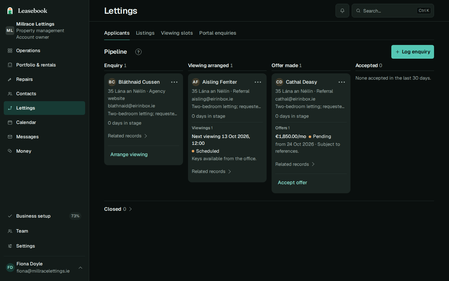 The Millrace Lettings lettings board shows an enquiry, Aisling Ferriter’s arranged viewing, and an offer-stage applicant.
