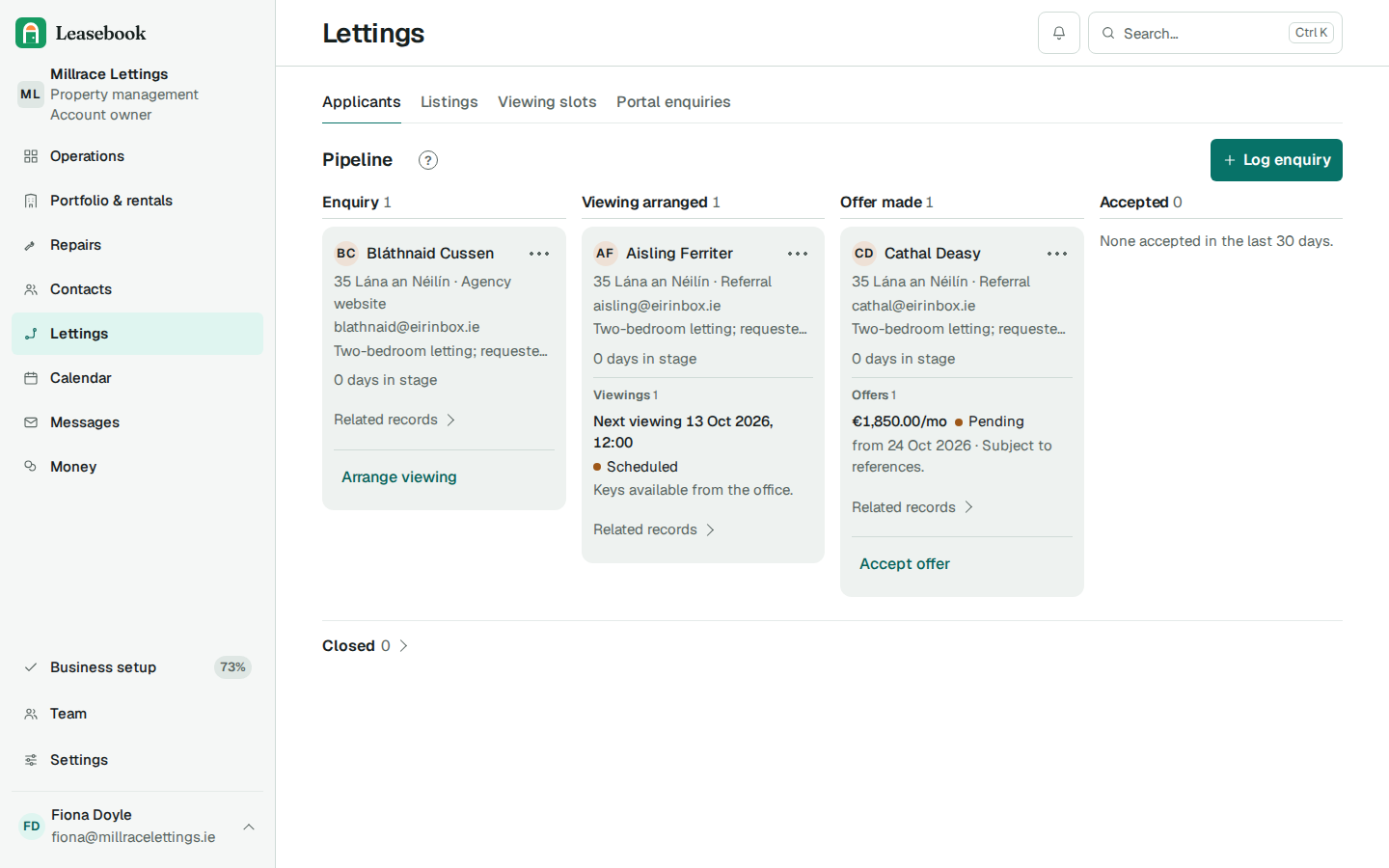 The Millrace Lettings lettings board shows an enquiry, Aisling Ferriter’s arranged viewing, and an offer-stage applicant.