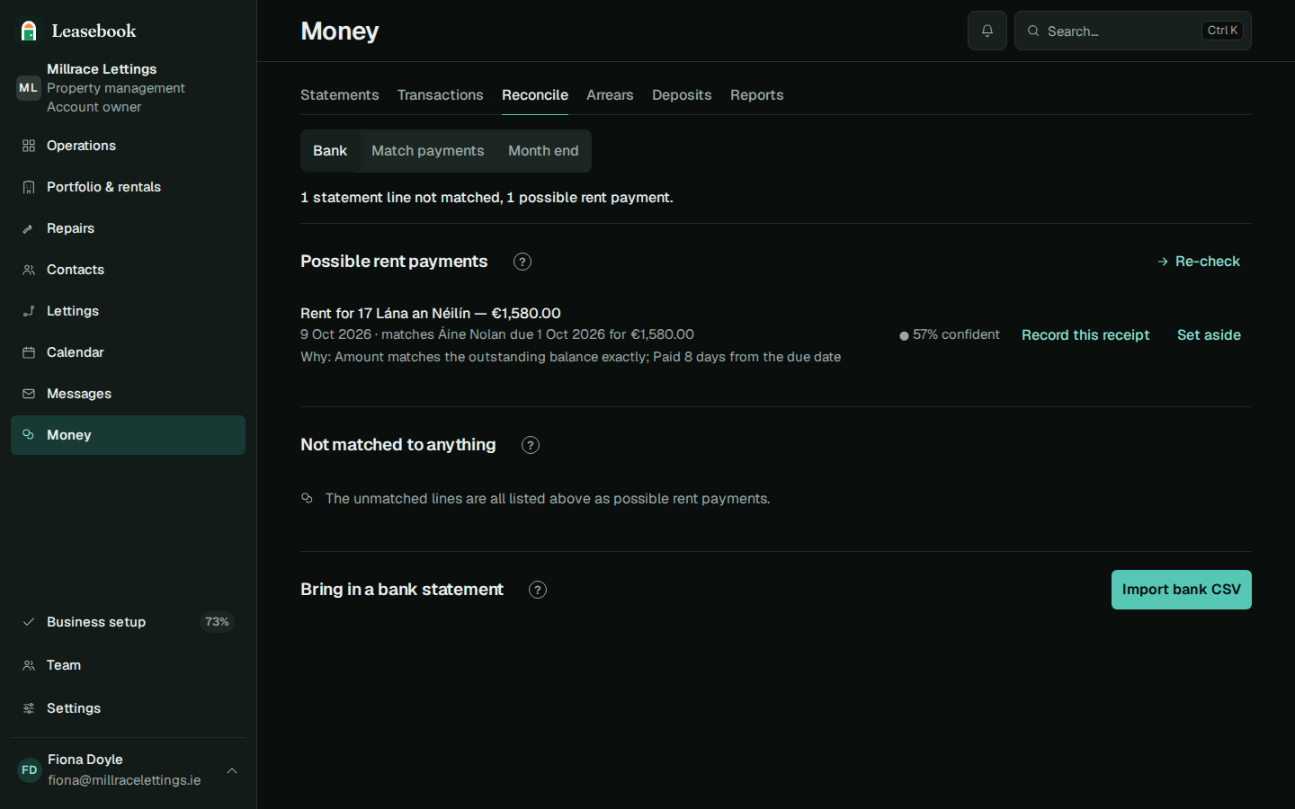 The example agency reconciliation screen shows imported bank statement lines, suggested rent matches and the reasons behind each suggestion.