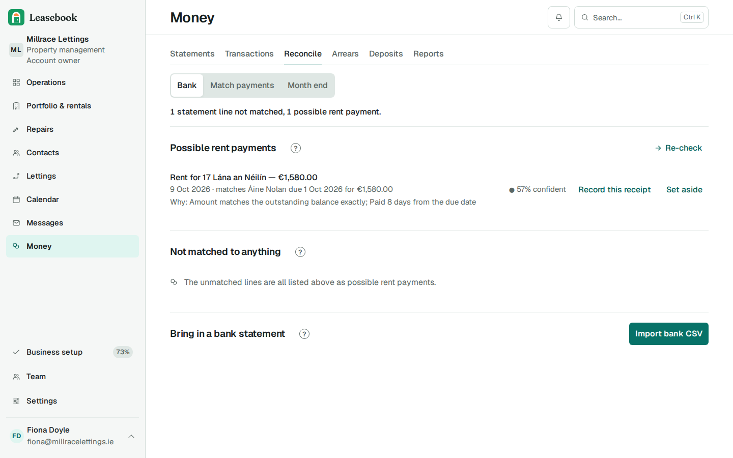 The example agency reconciliation screen shows imported bank statement lines, suggested rent matches and the reasons behind each suggestion.
