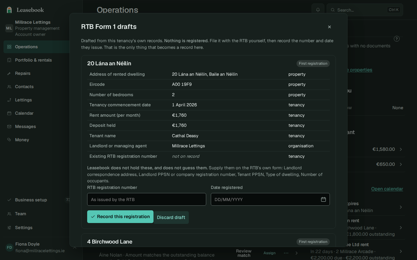 The example agency RTB screen shows a Form 1 draft assembled from the tenancy on file, with the registration details for team review.
