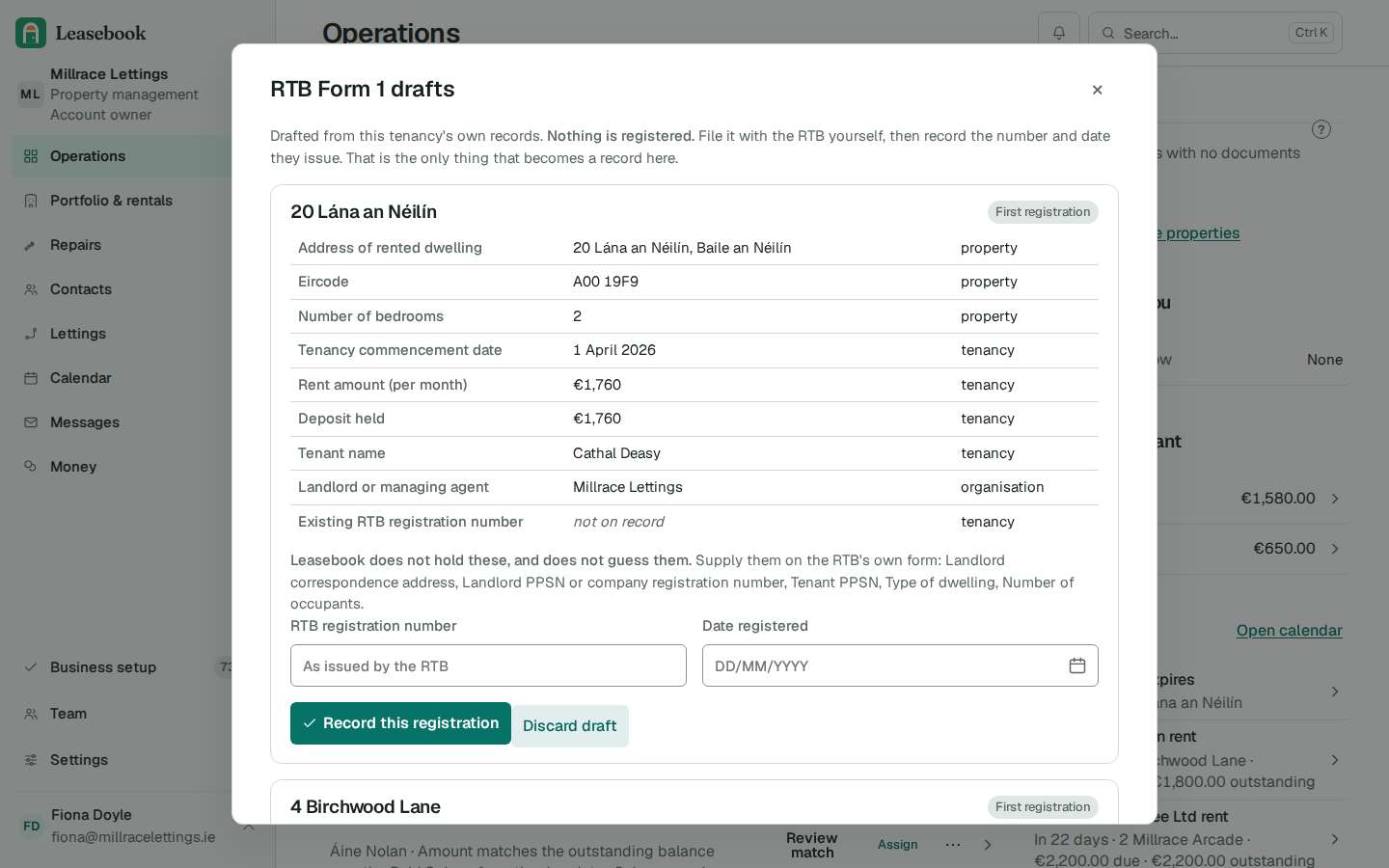 The example agency RTB screen shows a Form 1 draft assembled from the tenancy on file, with the registration details for team review.