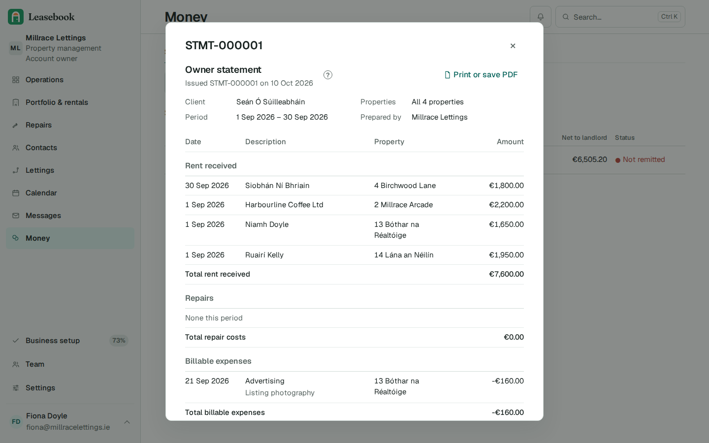 An issued Millrace Lettings statement for Seán Ó Súilleabháin for September 2026, listing rent received from four properties and a billable expense.